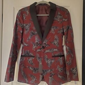jf j.ferrar Burgundy Bird-Print Sport Coat with Black Trim